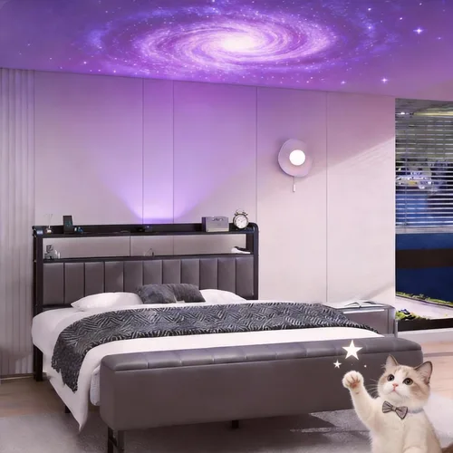 Miniatura 10 de Base de cama de tamaño matrimonial con proyector de estrellas y estación de carga, plataforma tapizada de piel sintética con cabecera de Negro
