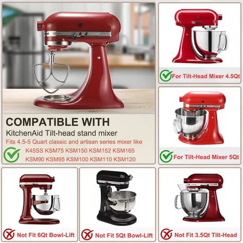 Miniatura 2 de Batidor plano de acero inoxidable para mezclador KitchenAid de 4.5 qt-5 cuartos de galón, apto para mezclador clásico, clásico Plus y artesanal