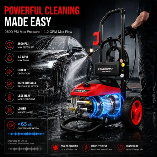 Miniatura 14 de PowerSmart DB1002 - Lavadora a presión eléctrica de 2600 PSI con motor sin escobillas de inducción, limpiador de alta presión de 3.0 GPM, 5