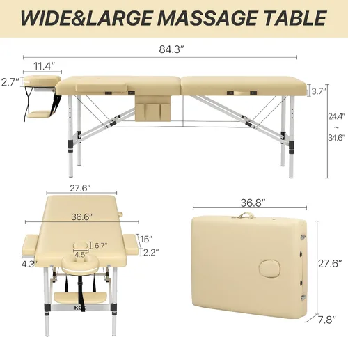 Miniatura 3 de KCC Mesa de Masaje Portátil de Espuma Viscoelástica, Cama de Tatuajes Plegable para Pestañas, Altura Ajustable, 28 Pulgadas de Ancho, Accesorios