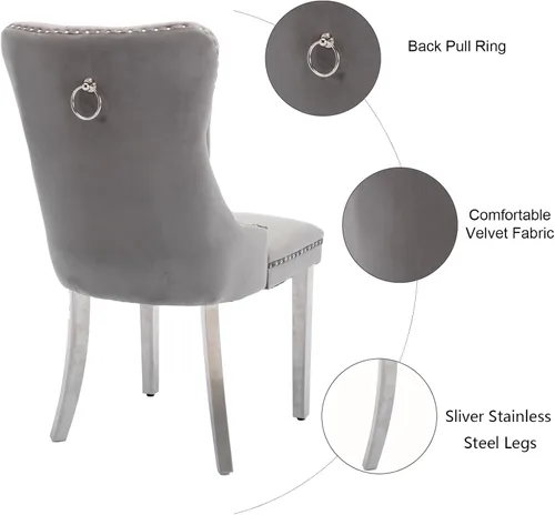 Miniatura 6 de Juego de 2 sillas de comedor, sillas de comedor tapizadas con tirador de anillo trasero, ribete de cabeza de clavo y patas de acero inoxidable Gris