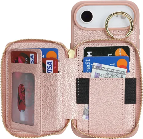 Miniatura 6 de Funda compatible con iPhone Air Wallet con tarjetero para iPhone Air, funda con cremallera y ranura para mujer, 5G de 6.5 pulgadas, color oro rosa