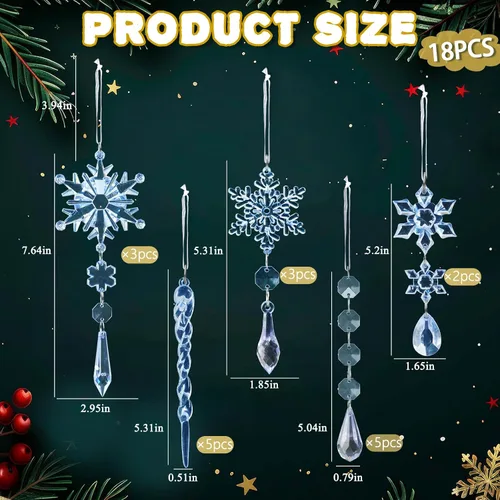Miniatura 3 de 18 piezas de adornos de Navidad de cristal para decoraciones de árbol de Navidad - Adornos azules colgantes de copo de nieve y carámbano de acrílico