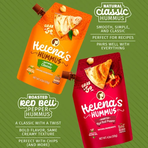 Miniatura 2 de Helena Hummus (pack de 3), estable en estante, sin conservantes añadidos, 2 hummus natural clásico de 4.23 oz y 1 hummus de pimiento rojo asado
