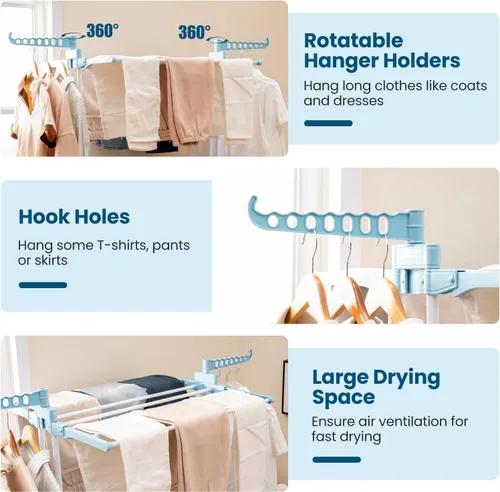 Miniatura 8 de Giantex Estante de secado de ropa plegable, estante plegable de gran tamaño de 4 niveles con 3 bandejas retráctiles, soportes para perchas, soporte
