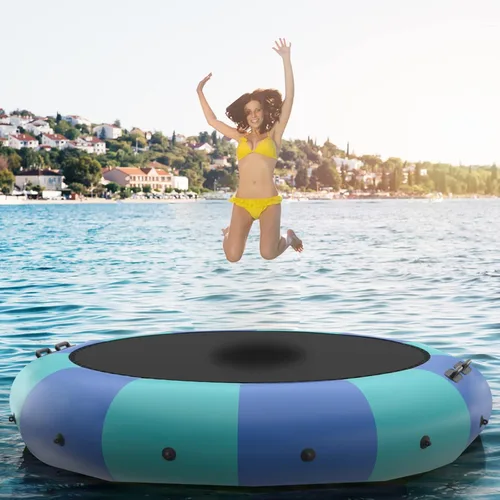 Miniatura 11 de GYMAX Trampolín de agua, trampolín flotante para lago con bomba eléctrica y escalera de cuerda, gorila de agua inflable para lago, resistente