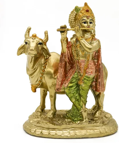 alikiki Estatua hindú de Dios Señor Krishna – 5.3 pulgadas de alto Baby Krishna Ídolo con vaca Nandi Estatua india Diwali Mandir Murti Pooja