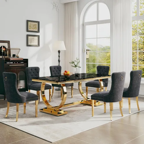 Miniatura 16 de Juego de mesa de comedor de 7 piezas, mesa de cocina de lujo de mármol sintético blanco de 70 pulgadas y 6 sillas copetudas de terciopelo beige