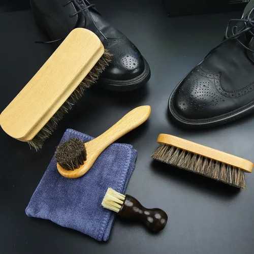 Miniatura 5 de IKI Deluxe 5-Piece Shoe Polishing Horsehair Brush Set, Leather Shoe and Boot Care Brush, Suede Leather Cleaning Brush with Microfiber Cloth