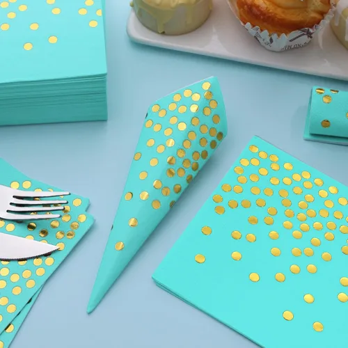 Miniatura 5 de 100 servilletas de cóctel color verde azulado – servilletas de papel verde azulado y dorado desechables – Servilletas turquesa para cumpleaños