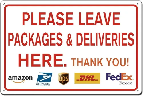 Miniatura 8 de Letrero de metal con texto en inglés «Please Leave Packages Deliveries Here» para interiores y exteriores, para puerta delantera, porche, oficina, 8
