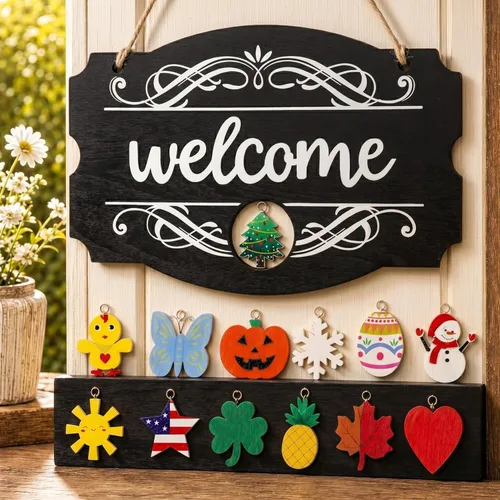Letrero de bienvenida de temporada intercambiable para puerta delantera, letrero de bienvenida de madera de granja con 15 iconos de vacaciones,