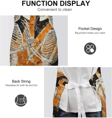 Miniatura 6 de MUSM Apron for Adults - 27.6 X 31.5 Inch, Heavy-Duty Polyester Aprons with Two Large Pockets, Waterproof Two Dancing Skeletons Kitchen Apron for