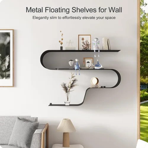 Miniatura 5 de Juego de 3 estantes flotantes negros, decoración de metal negro, estante flotante montado único, estante de pared largo moderno, estantes de pared
