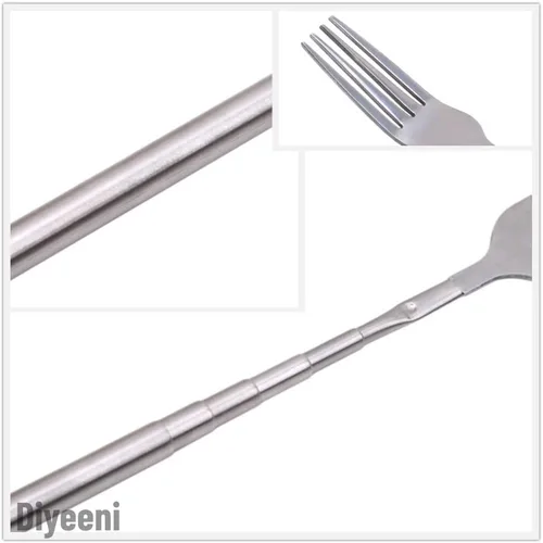 Miniatura 7 de Tenedor de cena de acero inoxidable, barbacoa telescópica extensible cena fruta postre mango largo tenedor cubiertos de acero inoxidable, anti