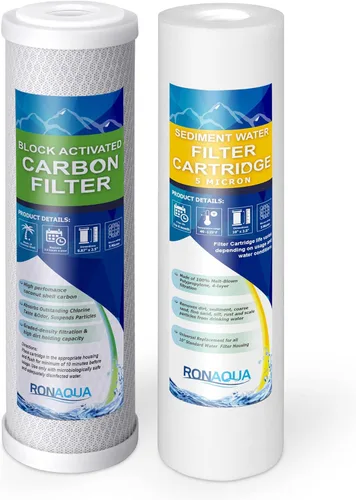 1 bloque de carbono de cáscara de coco estándar y 1 cuatro capas de filtración de sedimento de polipropileno de 5 micrones, cartuchos de filtro de
