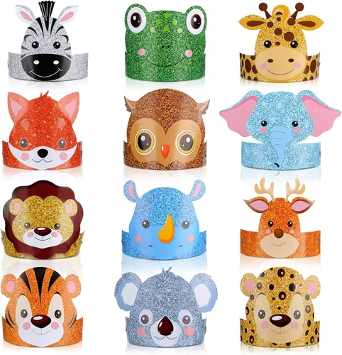 Miniatura 8 de 24 piezas de sombreros de fiesta de cumpleaños de animales, diademas de animales, corona de papel de fiesta de animales de la selva para niñas