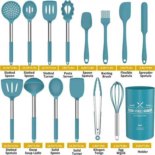 Miniatura 2 de 15 piezas de utensilios de cocina de silicona Umite Chef - Juego de herramientas de cocina resistentes al calor de 446°F con mangos de acero Azul