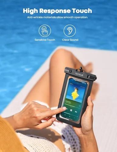Miniatura 5 de Lamicall Funda impermeable para teléfono iPhone 17 16 15 14 13 12 Pro Max Plus XS, bolsas de equipo de natación para 4-7 pulgadas, negro y negro