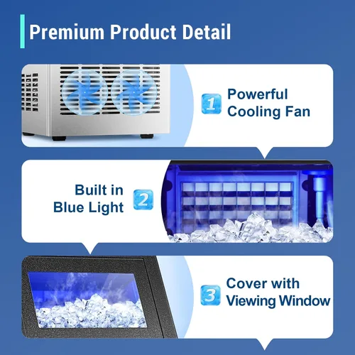 Miniatura 8 de Amzgachfktch Máquina de hielo comercial, máquina de hielo de 120 libras/24 horas, 2 modos de entrada de agua, máquina de hielo debajo del mostrador