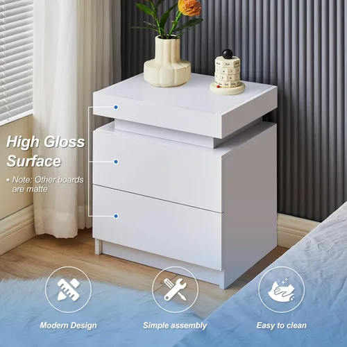 Miniatura 3 de CLIPOP Moderna mesita de noche, mesita de noche LED con 2 cajones de alto brillo, armario de mesita de noche con luz de control remoto, mesita