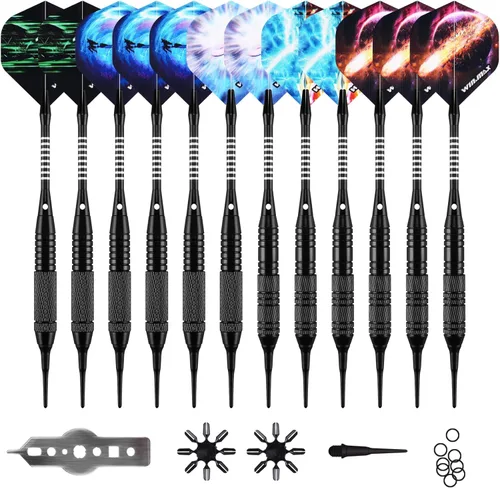 Miniatura 12 de WIN.MAX Darts Plastic Tip - Soft Tip Darts Set - 12 Pcs 18 Gram with 100 Extra Dart Tips 12 Flights Flight Protectors and Wrench for Electronic Dart