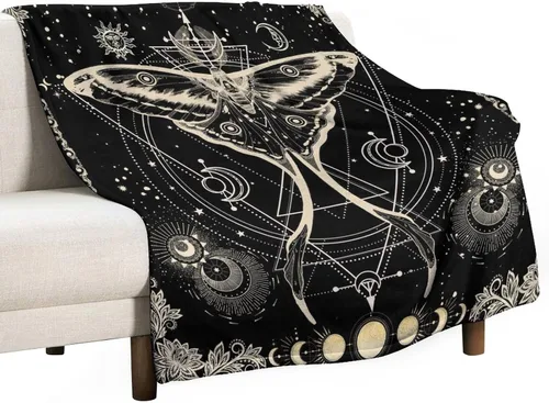 Miniatura 23 de Manta gótica de franela de polilla abstracta, mágica, bohemia, mariposa, esqueleto, luna, estrellas, manta estética para hombres, mujeres, niñas