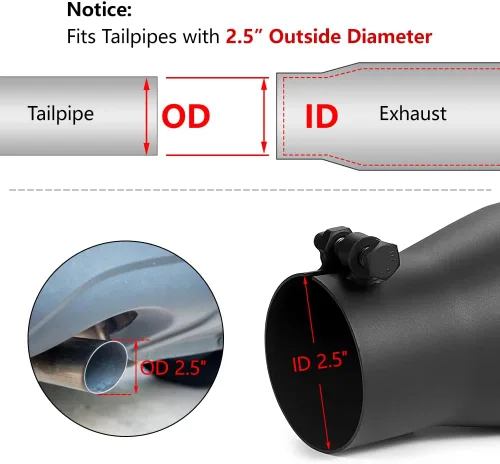 Miniatura 3 de A-KARCK Punta de Escape 2.5" Entrada a 3.5" Salida, 7" Longitud Total Recubrimiento Negro Atornillable Punta de Tubo de Escape Protege Tubo de Escape
