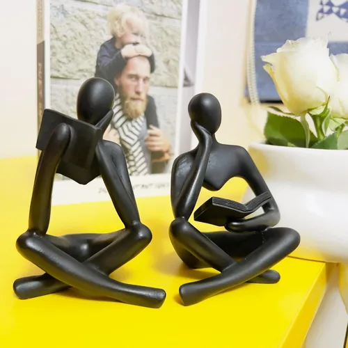 Miniatura 2 de Estatua negra de 2 piezas para decoración del hogar, estatua de pensador de lectura negra, figuras modernas, escultura estética abstracta, juego