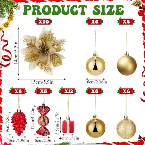 Miniatura 2 de Liliful - Juego de adornos para árbol de Navidad de 132 piezas, incluye bolas de Navidad, adornos LED, luces, purpurina, lazos de flor de pascua