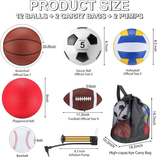 Miniatura 2 de Deekin Juego de 12 pelotas deportivas surtidas para jóvenes y adultos, tamaño oficial, baloncesto, fútbol, voleibol, fútbol, béisbol, pelota