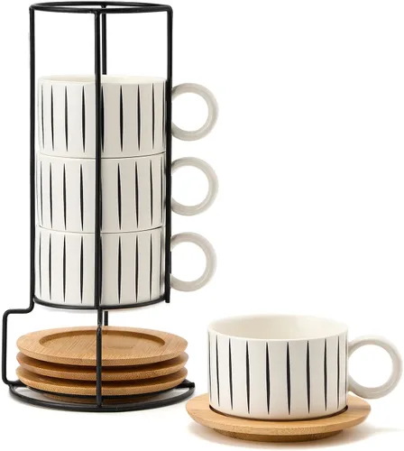 Miniatura 14 de LUKA - Juego de 4 tazas de café espresso apilables de cerámica con tablero de ajedrez en blanco y negro de 6 onzas, con platillos y soporte