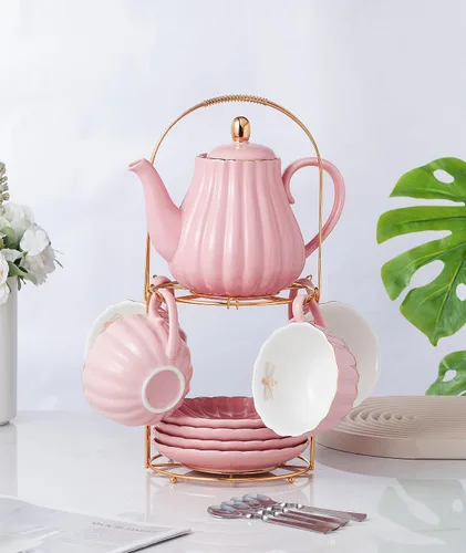 Miniatura 2 de CLAY TONIC- Juego de tazas de té y café de porcelana fina púrpura de 8 oz, tazas y platillos, con tetera, azucarero, jarra para crema, cucharaditas