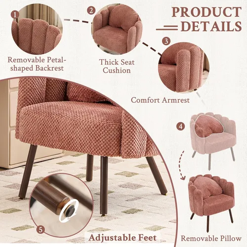 Miniatura 5 de Furniliving Silla de tocador de terciopelo rosa, silla decorativa con patas y almohada de madera, silla de lectura de pétalos para dormitorio, sala