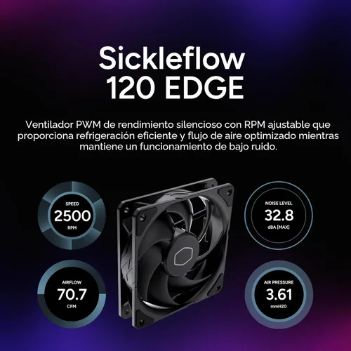 Miniatura 5 de Cooler Master Hyper 212 Enfriador de aire para CPU negro, ventilador PWM SickleFlow 120 Edge, cubierta superior de aluminio, 4 tubos disipadores