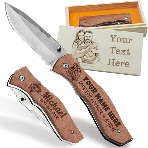Navaja de bolsillo personalizada para hombres grabada personalizada cuchillos de bolsillo plegables de madera con nombre de caja, texto, regalo de