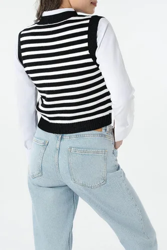 Miniatura 5 de Chaleco de suéter para mujer, a rayas, con cuello en V, sin mangas, recortado, estilo preppy, chaleco de punto