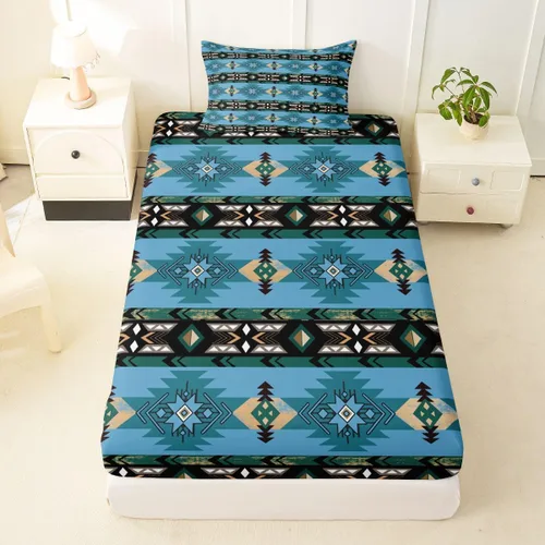 Miniatura 17 de Juego de ropa de cama de estilo bohemio occidental, tamaño individual, diseño de vaca atrapasueños, sábana bajera ajustable del suroeste, tribu