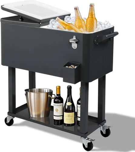 Outvita Hielera Rodante de 80 Cuartos, Enfriador Portátil de Bebidas para Bar con Bandeja Colectora, Bandeja de Almacenamiento Inferior y Gris-oscuro