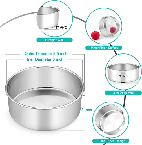 Miniatura 2 de TeamFar Moldes para tartas, 2 moldes redondos de acero inoxidable de 8 x 3 pulgadas de profundidad para bodas, fiestas de cumpleaños, no tóxicos