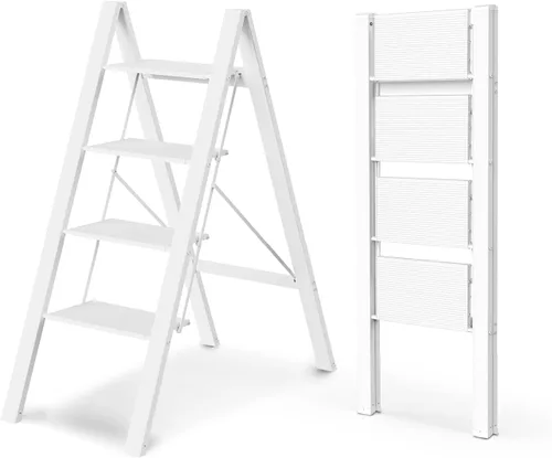 Miniatura 18 de WOA WOA Escalera de 2 escalones, taburete plegable, escalera ligera de aluminio para hogar, cocina y armario, pedales antideslizantes, fácil