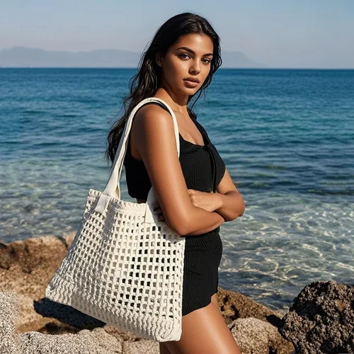 Miniatura 5 de ENBEI Bolsa de playa para mujer, diseño hueco de punto de ganchillo, elegante para la playa, viajes y uso diario