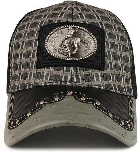 Miniatura 2 de Trendy Apparel tienda paja diseño metálico Rodeo Cowboy caballo Logo de metal camionero de malla gorra de béisbol