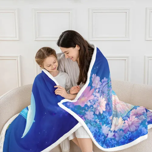 Miniatura 2 de Fairy Fleece Blanket,Romantic Pink Floral Botanical Bed Blankets for Adults Teens,Galaxy Starry 3D Moon Room Decor,Blue Pink Super Soft Flannel