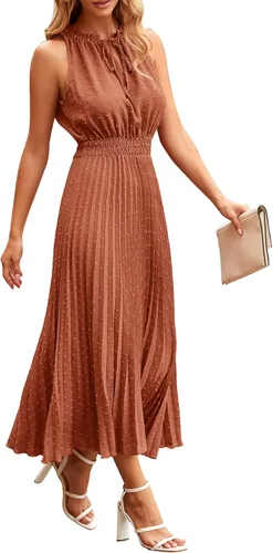 PRETTYGARDEN Vestidos de verano para mujer, estilo casual, cuello en V, lunares suizos, volantes, sin mangas, acampanado, para la playa