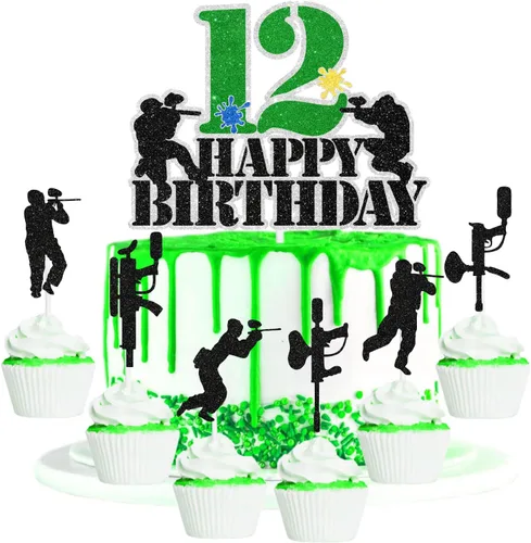 Miniatura 8 de Paintball - Juego de 7 decoraciones para tartas de cumpleaños para niños de 11 años, decoración de juego de disparos con temática de disparos