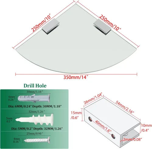 Miniatura 2 de SAYAYO Estante esquinero de vidrio para pared, estantes de vidrio flotante templado para baño, 1 unidad, transparente