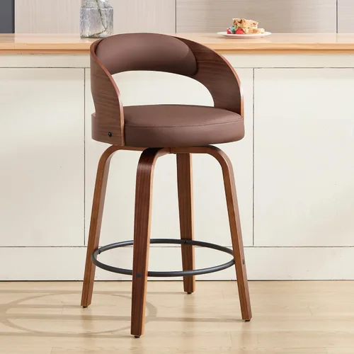 Miniatura 35 de Juego de 1 taburete de bar giratorio, 26" de cuero sintético tapizado, altura de mostrador con respaldo, silla de bar moderna de mediados de siglo