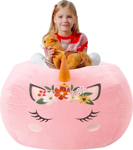 Aubliss - Funda de puf de almacenamiento para animales de peluche para niños, extra grande de terciopelo suave con cremallera, para organizar