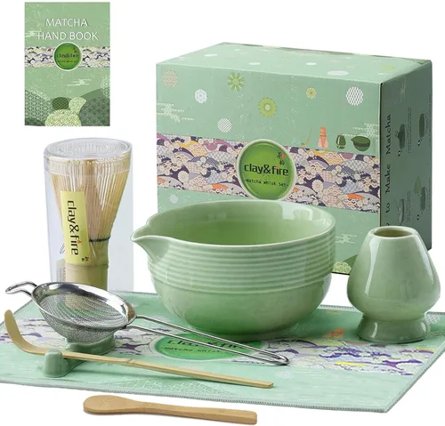 Miniatura 20 de Clay&Fire Juego de batidor de matcha, juego de matcha de cerámica, cuenco de matcha con asa y batidor, juego de té matcha de 9 piezas para amantes